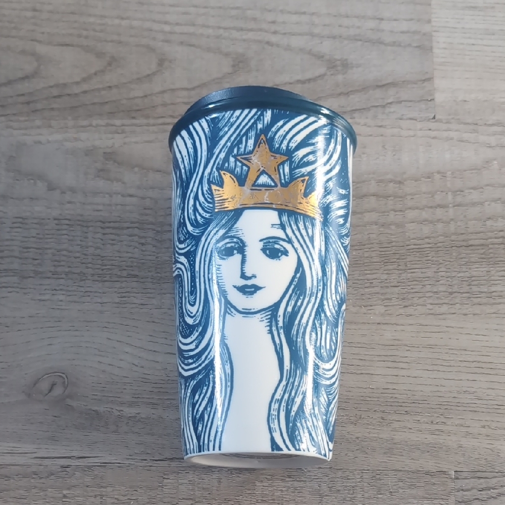 Starbucks Ceramic Tumbler with Blue Goddess Illustration and Gold Crown